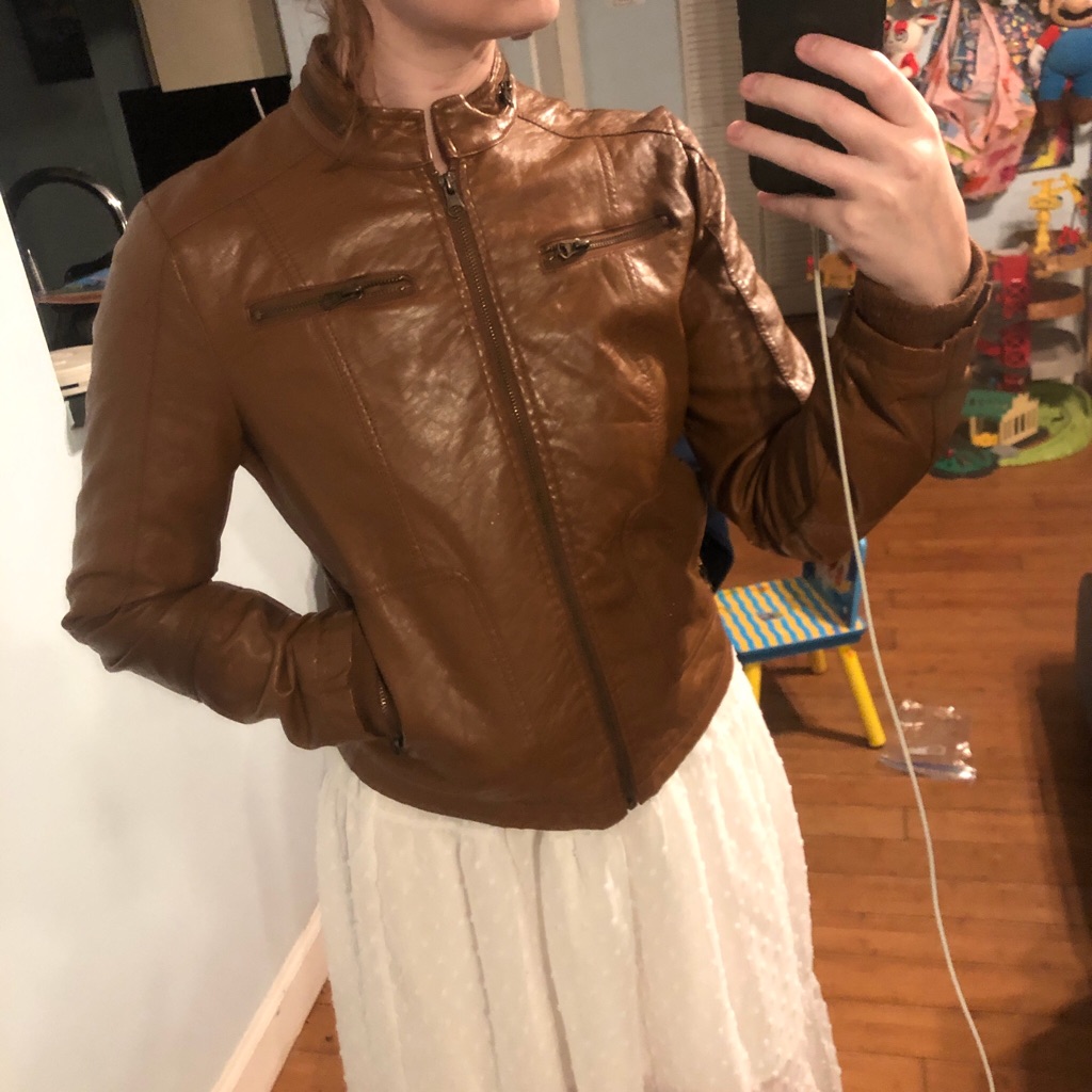 Maralyn & Me Brown Leather Jacket With Zipper Pockets And A Zip Up Front